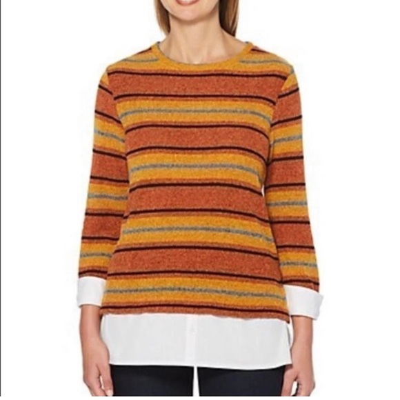 Rafaella  Women's Striped Sweater, Brown/Mustard Color, Long Sleeve Size 1X - Picture 1 of 7